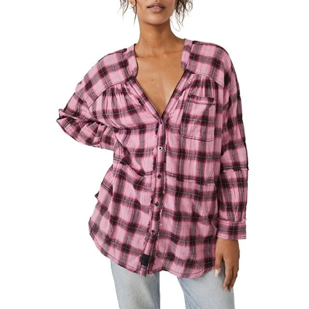 Free People Tunic Shirt One of the‎ Boys Plaid Boho Slouchy Lagenlook Pink Large